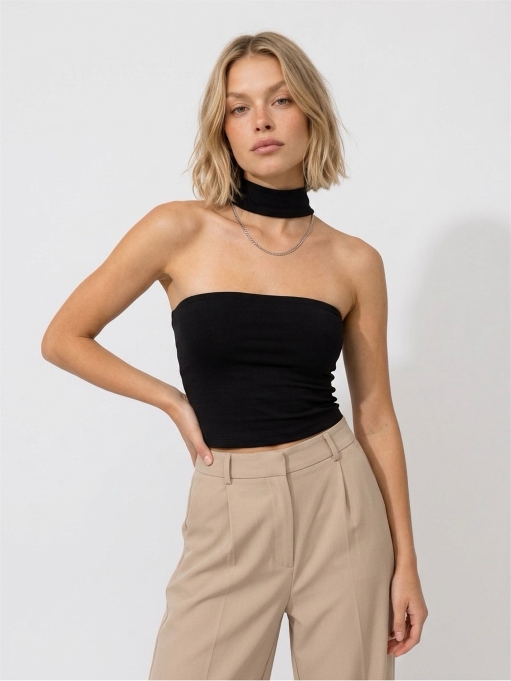 Klassy Network Black Strapless Halter Crop Top with Neck Tie